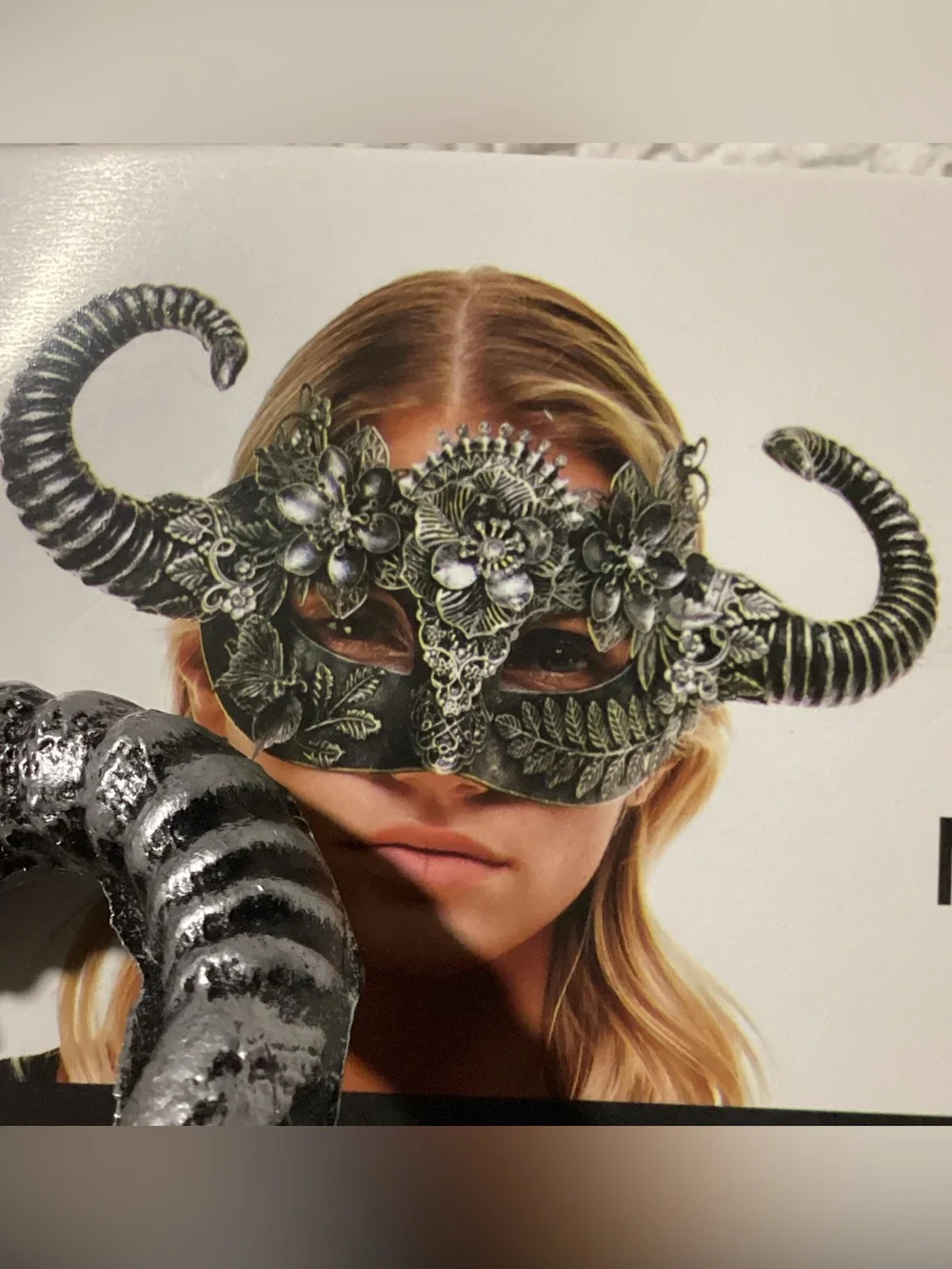 Horned Gothic Mask Masquerade Silver-Tone Filigree Floral Butterfly Steampunk